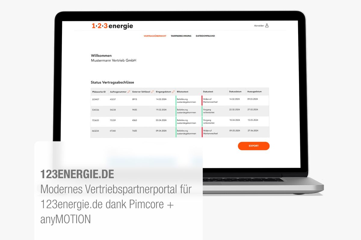 Modernes Vertriebspartnerportal für 123energie.de dank Pimcore + anyMOTION